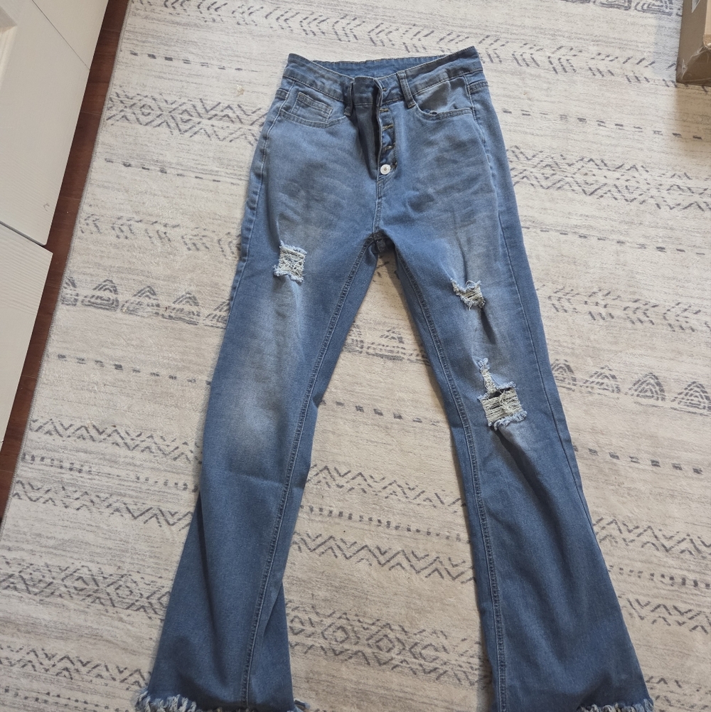 Distressed Blue Women's Jeans Bell With Fringe.  Button Down.
